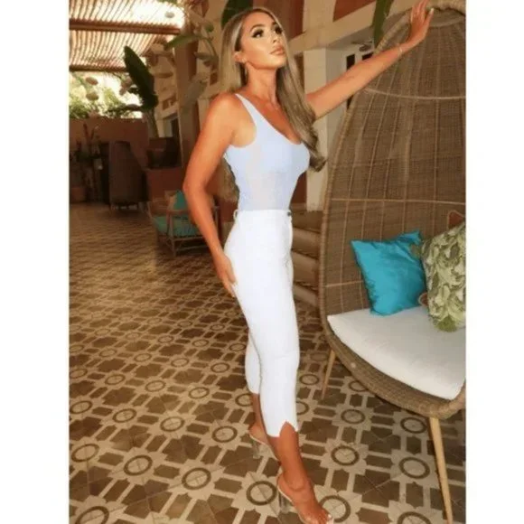 White High Waist Split Hem Skinny Capri Jeans Denim Pants - Picture 12 of 14